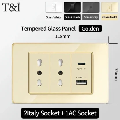 118 Wall Switch Socket with USB Type-C 20W 16A  Fast Charging Italy Chile Schuko Outlet Golden Tempered Glass Panel for Office - Image 21