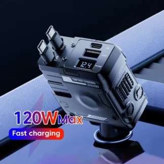 4-in-1 120W Retractable Car Charger Super Fast Charging Dual Type-C Adapter USB Cigarette Lighter For IPhone 15 Huawei Samsung