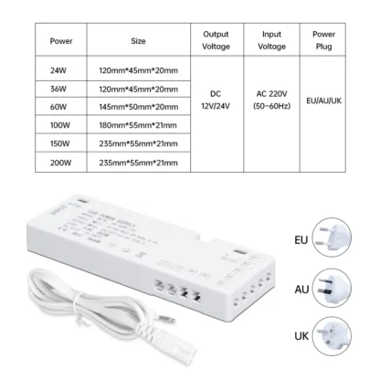 24W-200W LED Cabinet Light Transformer Power Supply AC220V to DC12V/24V with 7/9/10x DuPont Ports for Integrated Lighting - Image 2