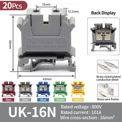 High Quality UK Terminals Screw Clamp Connector for Wiring,Brass DIN Rail Connector, UK1.5N/2.5B/3N/5N/6N/10N/16N/25N/35N/50N - Image 12