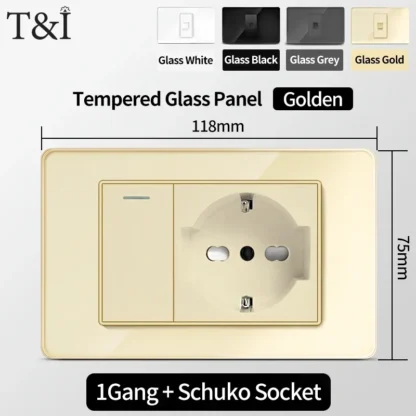 118 Wall Switch Socket with USB Type-C 20W 16A  Fast Charging Italy Chile Schuko Outlet Golden Tempered Glass Panel for Office - Image 19