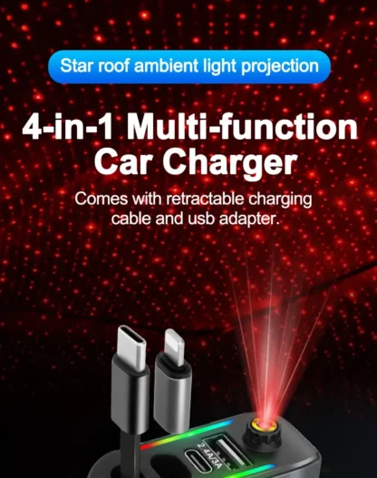 Retractable Car Charger With Starlight, 4 In 1 USB C For IPhone And Android Car Charger Fast Charging, - Image 7