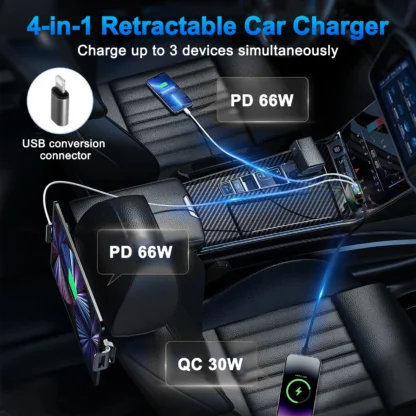 Retractable Car Charger With Starlight, 4 In 1 USB C For IPhone And Android Car Charger Fast Charging, - Image 6