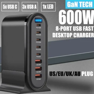 600W Fast Desktop Charger 8 Port GaN USB Type C Fast Charger For iPhone 14 Samsung Huawei Xiaomi iPad MacBook Laptops PD Charger