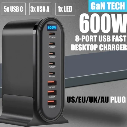 600W Fast Desktop Charger 8 Port GaN USB Type C Fast Charger For iPhone 14 Samsung Huawei Xiaomi iPad MacBook Laptops PD Charger