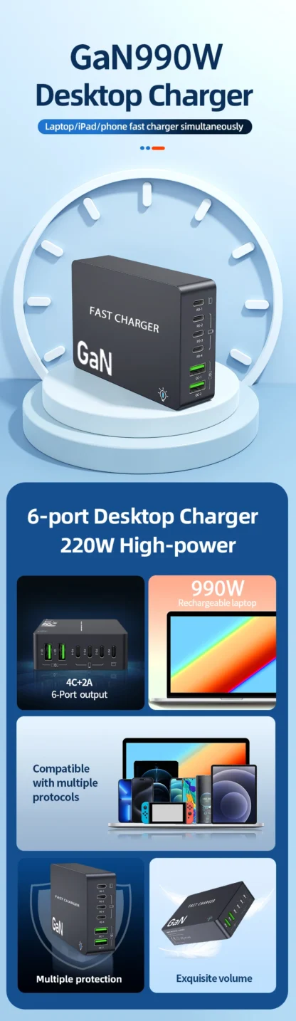 990W GaN USB C Charger 6-Ports Desktop Charger Type C PD 100W PPS Fast Charging Station for Laptop Tablet MacBook Samsung iPhone - Image 8