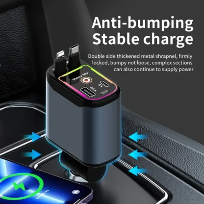 4-in-1 Retractable Car Charger, 66 Watt Fast Charging with Ambient Lighting + Red Star Top Firing Light with 2 USB Port Plugs, - Image 4