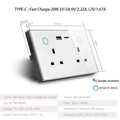 Shawader WIFI Smart Tuya USB Type-C PD 20W Wall Socket UK Plug Outlet Power Monitoring Touch Switch Remote by Alexa Google Home - Image 2