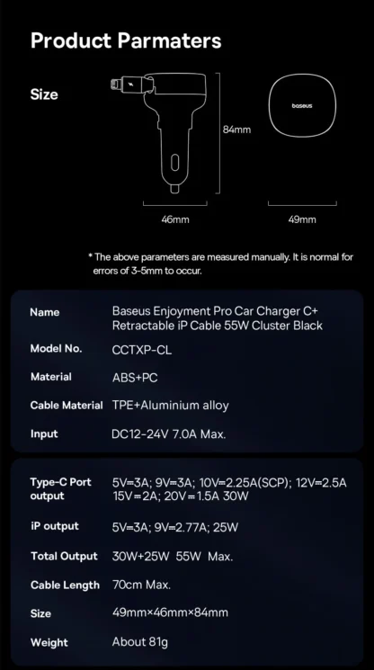Baseus 60W Car Charger 2 in 1 Retractable Cable SCP 25W QC PD 30W Fast Car Phone Charger For iPad iPhone 16 15 14 13 Pro Samsung - Image 34