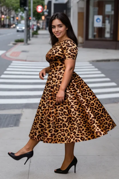 Fashion Leopard Printed Plus Size Dresses Short Sleeve Round Neck Vintage Afican Casual Pleated A-Line Summer Streetwear Dresses - Image 4