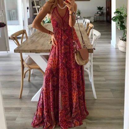 Plus-size Europe and the United States cross-border  new slip long skirt high-waisted V-neck printed floral dress - Image 3