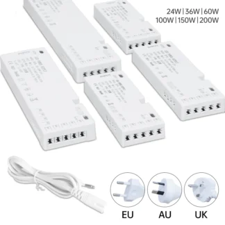 24W-200W LED Cabinet Light Transformer Power Supply AC220V to DC12V/24V with 7/9/10x DuPont Ports for Integrated Lighting