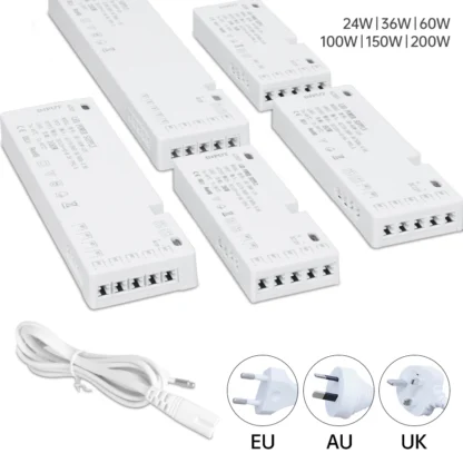 24W-200W LED Cabinet Light Transformer Power Supply AC220V to DC12V/24V with 7/9/10x DuPont Ports for Integrated Lighting