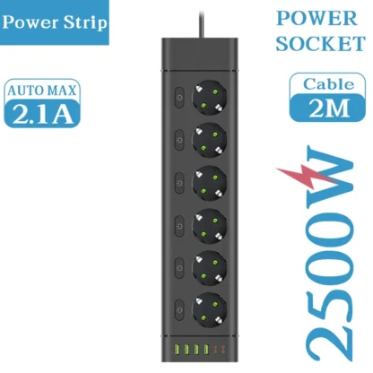 EU Plug Power Strip Multiple Independent Control Outlet Sockets 2m Extension Cord Electrical Socket with 4 USB 2 Type-C Ports - Image 7