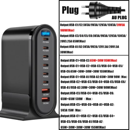 500W GaN Charger Multi-port Desktop Charging Station For Laptops Tablets USB Type C Fast Charge For iPhone 15/Samsung/iPad Pro - Image 9