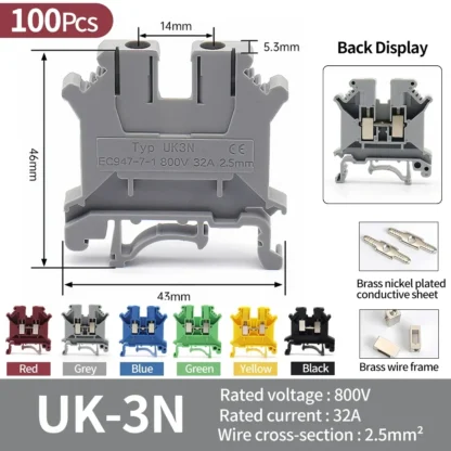 High Quality UK Terminals Screw Clamp Connector for Wiring,Brass DIN Rail Connector, UK1.5N/2.5B/3N/5N/6N/10N/16N/25N/35N/50N - Image 16