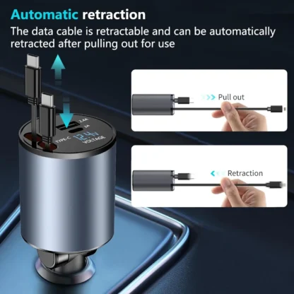4 in 1 Car Charger 31.5" Retractable Cable 100W Super Fast USB C Car Charger Dual USB Ports Voltage Display For iPhone Samsung - Image 11