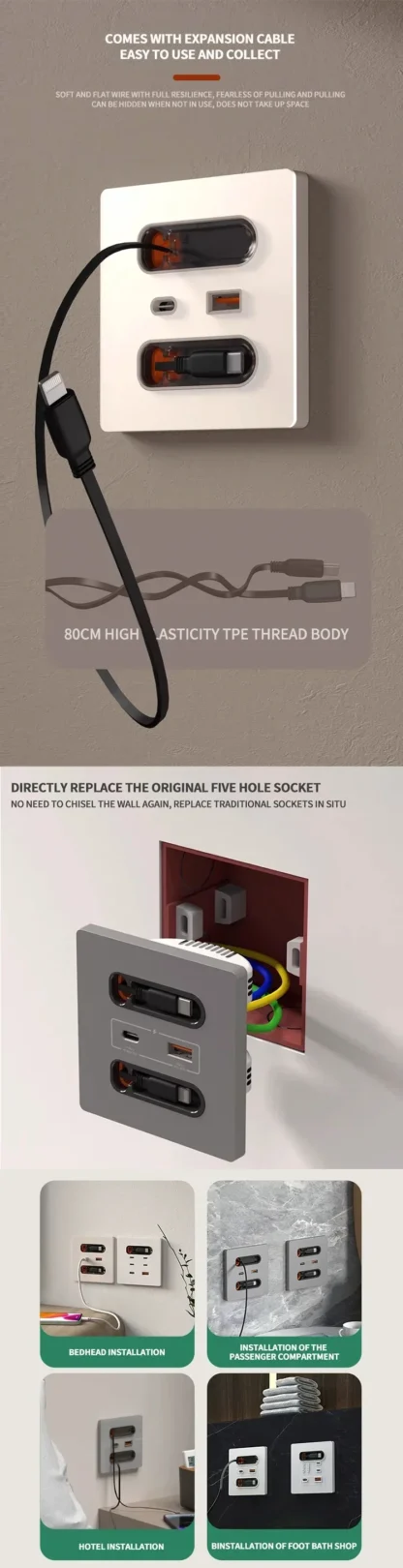 ​​Space-Saving Wall Socket with 80CM Retractable USB Cable | 20W Fast Charge for iPhone 15 Pro/Android Phones​ - Image 10
