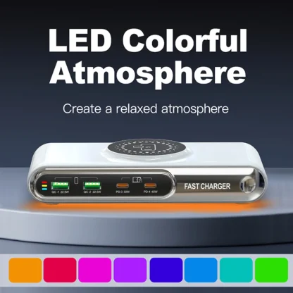 5-in-1 USB C Charger Station with LED Colour Nighting 72W 4-Ports Magnetic Wireless Charging Station PD45W Fast Charger F9A - Image 5
