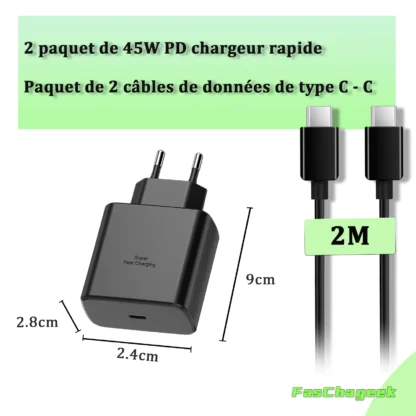 45W USB C Fast Charger, 2-Pack Wall Charger with 2m Type-C Charging Cable for Galaxy S24 S23 S22 S21Ultra/Note 10/20 - Image 3