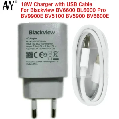Original Charger for Blackview, EU Travel Power Adapter, Type C Cable, BV6600, BL6000 Pro, BV9900E, BV5100, BV5900, BV6600E, 18W