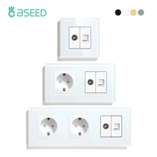 BSEED Single TV CAT5 Internet Socket Double EU Power Socket Triple Germany  With RJ45 Television Wall Sockets Glass Frame