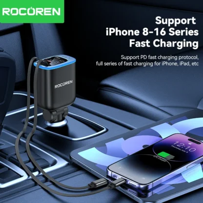 Rocoren 4 IN 1 Retractable Car Charger Mobile Phone 2C+L+A For iPhone Fast Charge Cord for iPhone 16 15 14 13 12 Samsung Xiaomi - Image 2