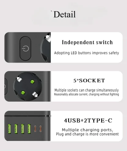EU Plug Power Strip Multiple Independent Control Outlet Sockets 2m Extension Cord Electrical Socket with 4 USB 2 Type-C Ports - Image 20