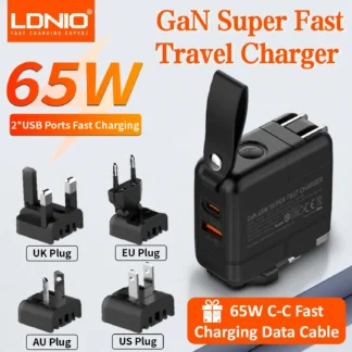 LDNIO 65W USB C Charger GaN Travel Charger 2 USB Fast Charging Ports Universal Travel Adapter UK/EU/USA/AUS plug for Laptops