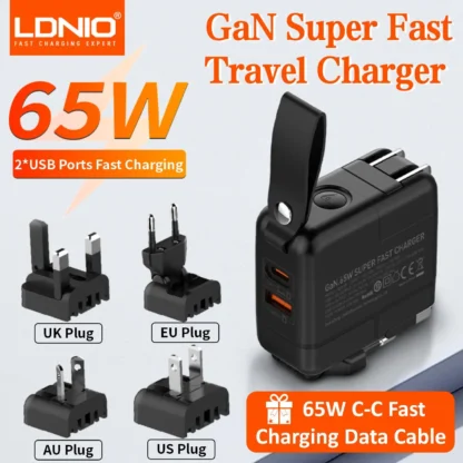 LDNIO 65W USB C Charger GaN Travel Charger 2 USB Fast Charging Ports Universal Travel Adapter UK/EU/USA/AUS plug for Laptops