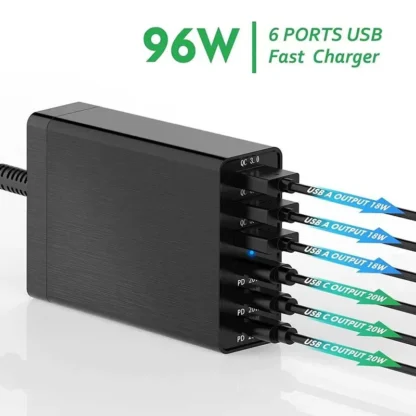 96W 6-Ports Desktop USB Charging Station with 3 USB-C Ports and 3 QC3.0 Ports, PD 20W Fast Charger for iPhone 13 iPad Samsung - Image 2