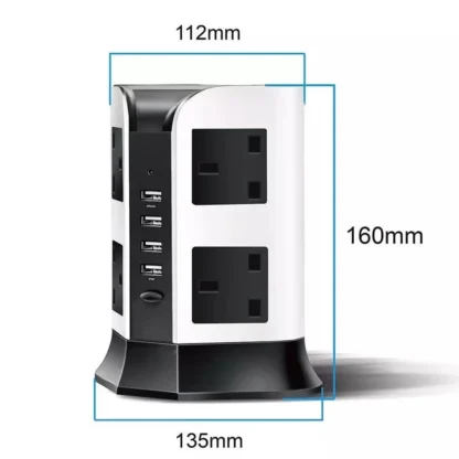 UK Plug Vertical Power Strip British Extension Surge Protectors Tower 8 Outlet 4USB Sockets 2.1A Charge Port 6.5ft Cord 2m Cable - Image 2