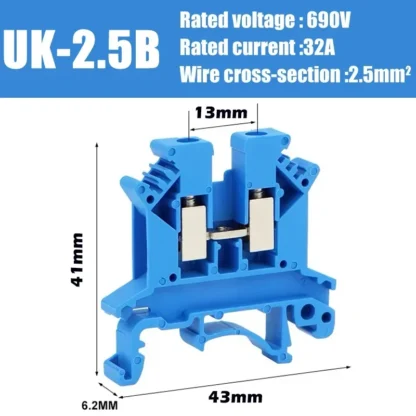 20-100Pcs DIN Rail UK2.5B Terminal Block-7Colors,800V 32A, Universal Screw Connector for 2.5mm² Wire Ideal for Electrical Wiring - Image 8