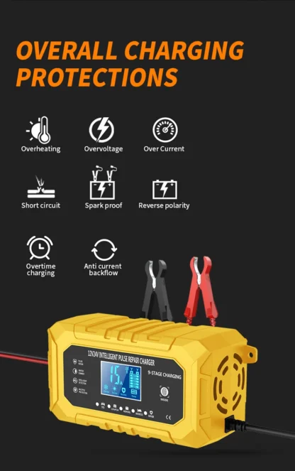 UK Plug Smart Car Battery Charger 12V15A/24V8A LCD Display Pulse Repair for AGM Gel Wet Lead Acid Lithium Batteries - Image 15