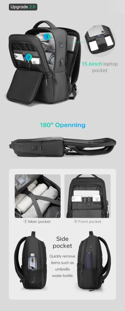 MarkRyden Fady: Expandable Lightweight USB Charging Laptop Backpack with Anti-theft Backpack Men Backpack Black Backpack - Image 11