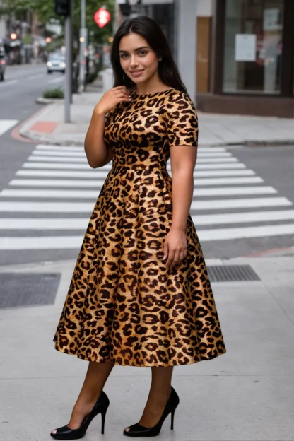 Fashion Leopard Printed Plus Size Dresses Short Sleeve Round Neck Vintage Afican Casual Pleated A-Line Summer Streetwear Dresses - Image 3