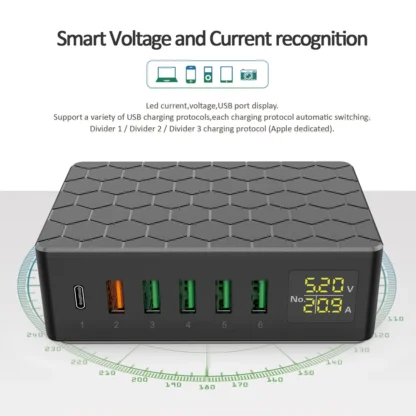 USB Charger 6 Ports HUB 65W Universal Wall Desktop Fast Charging Station Dock for Mobile Phone Power Adapter with LED Displayer - Image 8