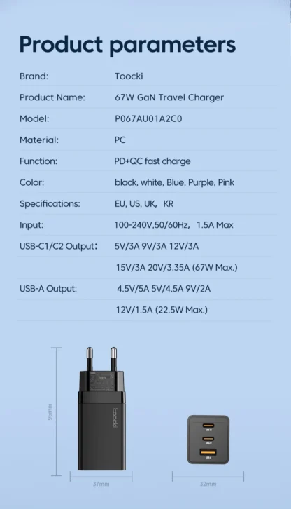 Toocki GaN 67W USB C Charger 3 Ports QC Fast Charging Wall Adapter Type C Charger UK/US Plug for iPhone 15 Samsung Huawei OPPO - Image 20