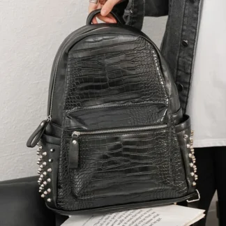 Fashion Rivet Backpack Men Alligator PU Leather Men's Backpacks Laptop Bag Rock Hip-Hop Travel Backpack Male Student School Bag