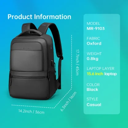 MarkRyden Fady: Expandable Lightweight USB Charging Laptop Backpack with Anti-theft Backpack Men Backpack Black Backpack - Image 6