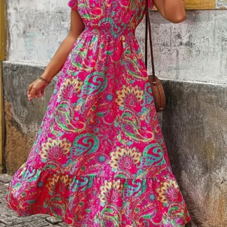 Plus Size 2025 New Women's V-Neck Flutter Sleeve Botanical Floral Vibrant Fashion Dress Beach Seaside