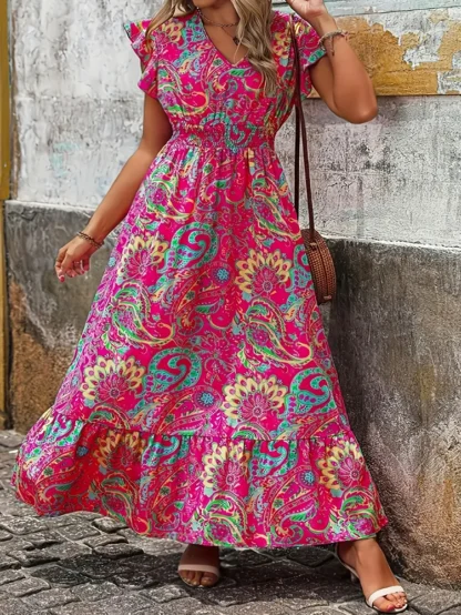 Plus Size 2025 New Women's V-Neck Flutter Sleeve Botanical Floral Vibrant Fashion Dress Beach Seaside