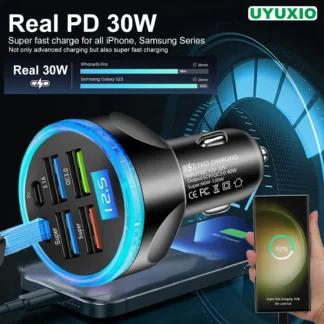 UYUXIO Multi Port USB C Car Charger Adapter with Voltage Display PD 30W Super Fast Charging 6 in 1 for MacBook iPhone Samsung