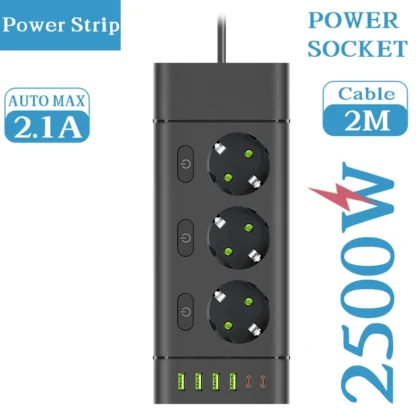 EU Plug Power Strip Multiple Independent Control Outlet Sockets 2m Extension Cord Electrical Socket with 4 USB 2 Type-C Ports - Image 14