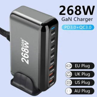 268W GaN Charger Multi-Port Desktop USB Fast Charging Station 100W PD PPS QC3.0 USB Type C Fast Charge For iPhone/Samsung/Xiaomi