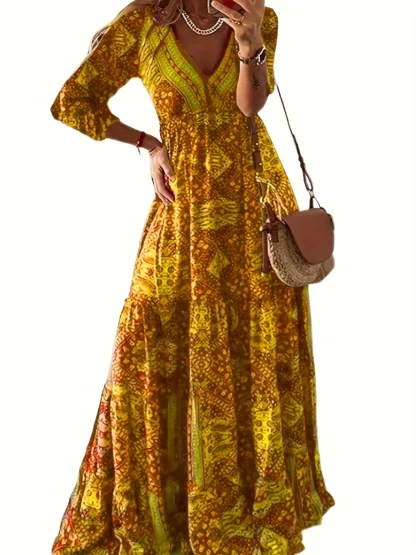 plus-size European and American cross-border  bohemian cropped sleeve high-waisted V-neck printed dress - Image 4