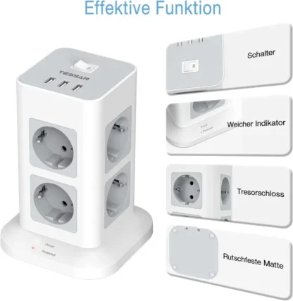 TESSAN Tower Power Strip Multi Outlets with USB A +1 Type C 2M Extension Cable EU Plug Vertical Electric Socket Surge Protection - Image 25