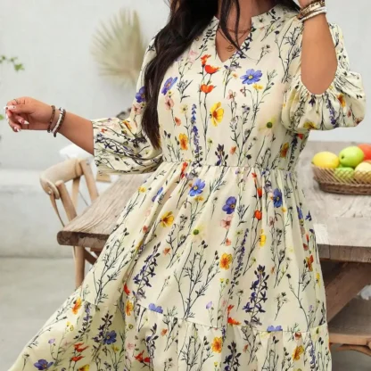 【Plus Size】 Floral Print Notched Neck Dress, Casual Bohemian Dress for Daily Wear, Women's Plus Clothing for All Seasons - Image 4