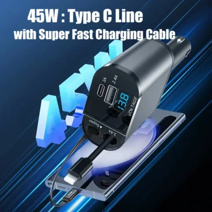 120W Retractable Car Charger 4 in 1 with Voltage Display Super Fast Car Charge Retractable Cord 2.6 Ft for iPhone OPPO Samsung - Image 2