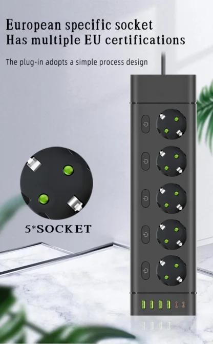 EU Plug Power Strip Multiple Independent Control Outlet Sockets 2m Extension Cord Electrical Socket with 4 USB 2 Type-C Ports - Image 15